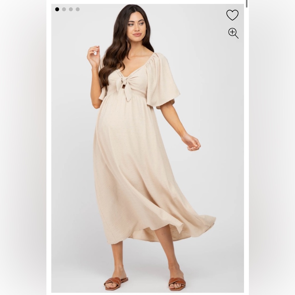 Beige Textured Dot Front Tie Ruffle Sleeve Maternity Midi Dress